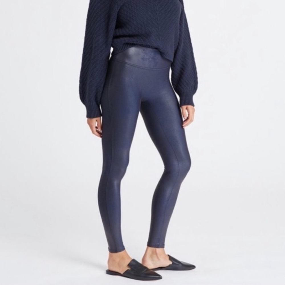 Spanx navy blue faux leather high waisted leggings medium excellent